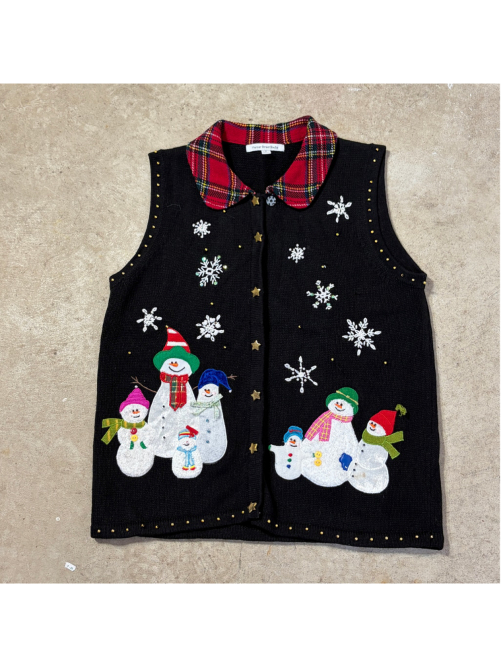 Vintage Christmas Snowman Sweater Vest Women’s Medium Black Red Plaid